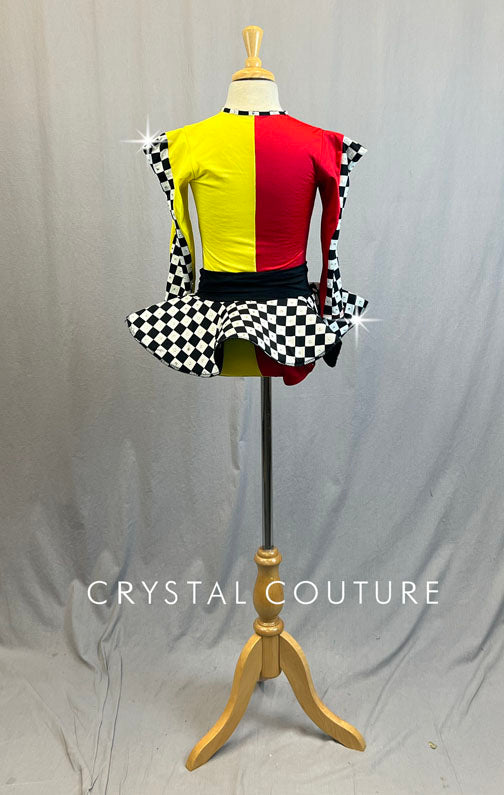 Red & Yellow Race Car Zip Up Biketard with Black & White Checkered Skirt - Rhinestones