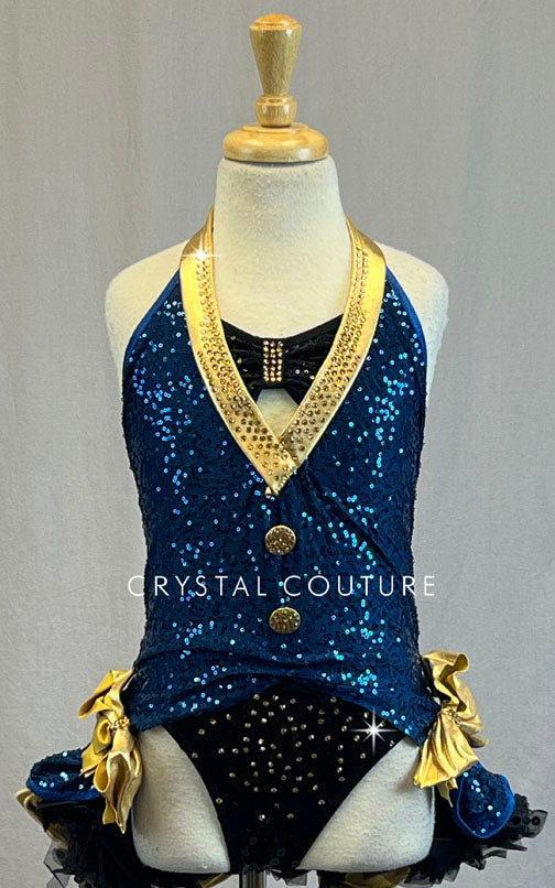 Navy Zsa Zsa Halter Bustle Leotard with Gold Trim and Back Bow - Rhinestones