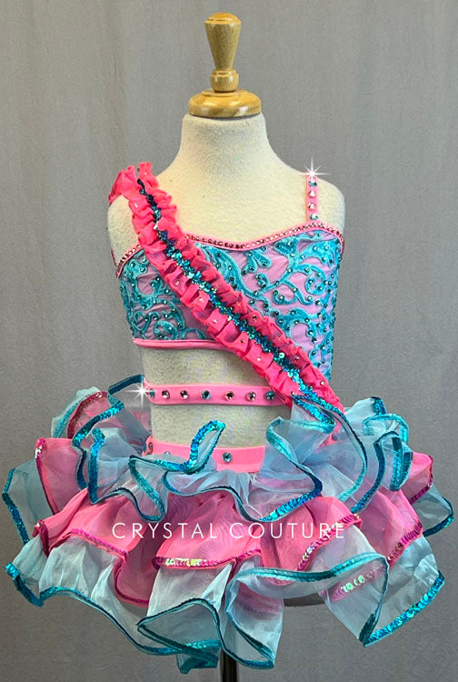 Hot Pink & Aqua Cutout Leotard with Layered Ruffle Skirt - Rhinestones