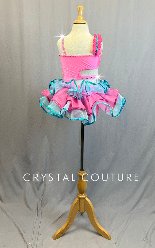 Hot Pink & Aqua Cutout Leotard with Layered Ruffle Skirt - Rhinestones