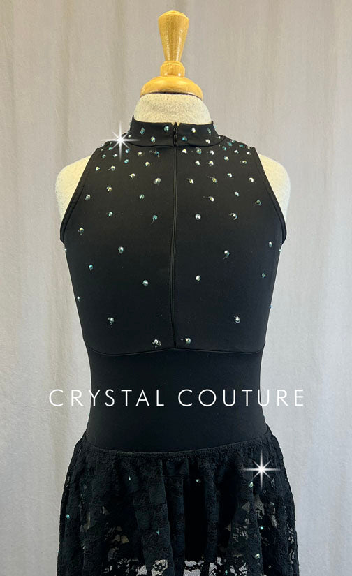 Black Zip Front Leotard with Lace Back and Skirt - Rhinestones
