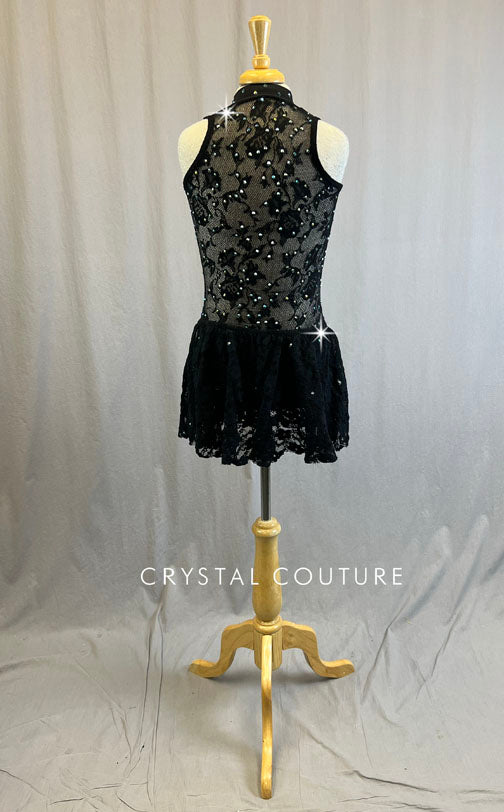 Black Zip Front Leotard with Lace Back and Skirt - Rhinestones