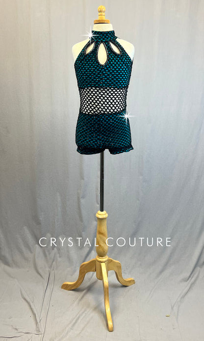 Custom Black Netting Keyhole Biketard with Teal Lining - Rhinestones