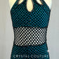 Custom Black Netting Keyhole Biketard with Teal Lining - Rhinestones