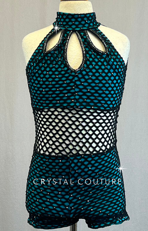 Custom Black Netting Keyhole Biketard with Teal Lining - Rhinestones