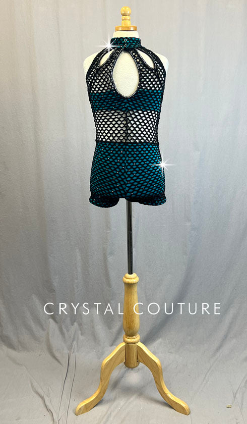 Custom Black Netting Keyhole Biketard with Teal Lining - Rhinestones