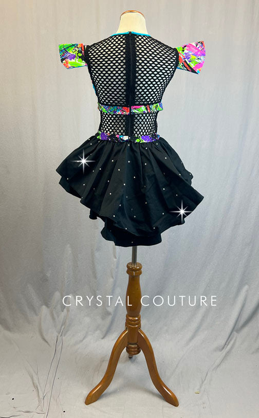 Electric Blue and Paint Splatter Leotard with Back Skirt and Wide Mesh ...