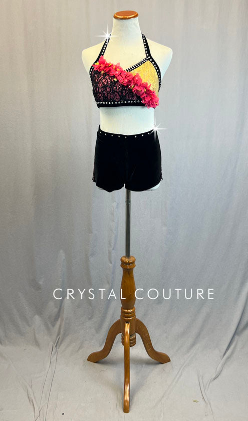Custom Pink & Gold Two Piece with Black Lace and Velvet - Rhinestones