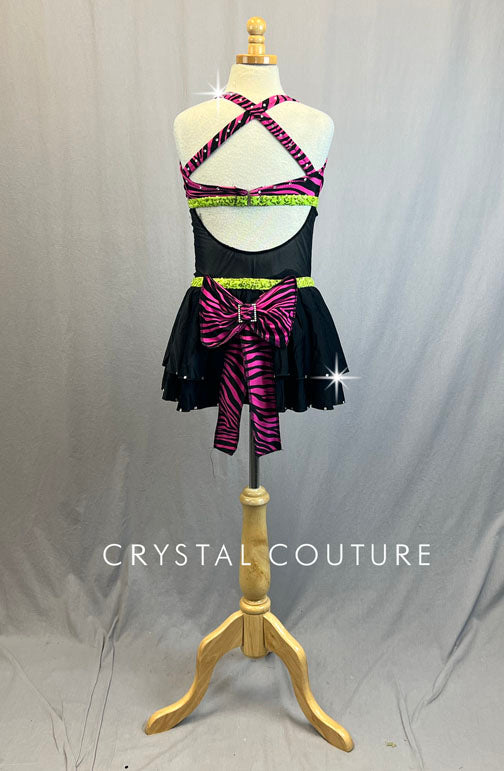 Custom Pink & Black Zebra Top with Black Mesh Midriff and Skirt - Rhinestones