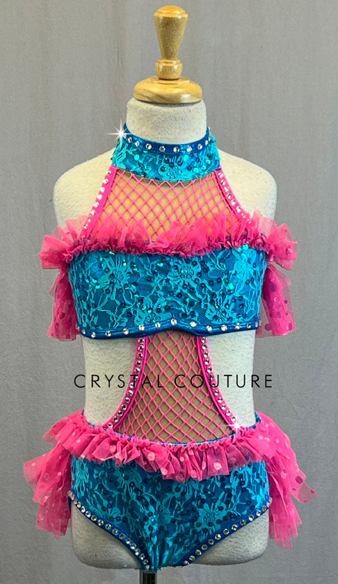 Aqua Lace & Hot Pink Connected Two Piece with Ruffles and Netting - Rhinestones