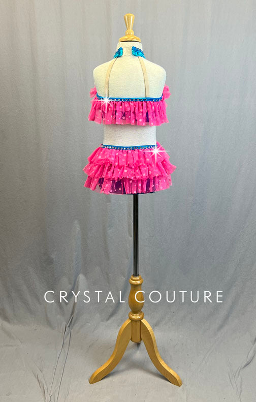 Aqua Lace & Hot Pink Connected Two Piece with Ruffles and Netting - Rhinestones