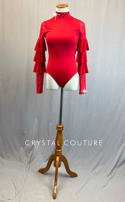 Red Ruffle Sleeve Mock Neck Leotard