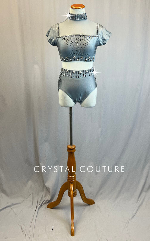 Light Grey Short Sleeved Two Piece with Mesh Chest - Rhinestones