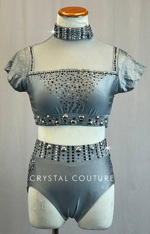 Light Grey Short Sleeved Two Piece with Mesh Chest - Rhinestones