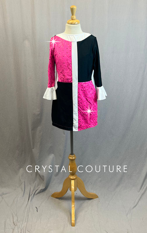 Black & Hot Pink Color Block Dress with White Flutter Cuff - Rhinestones