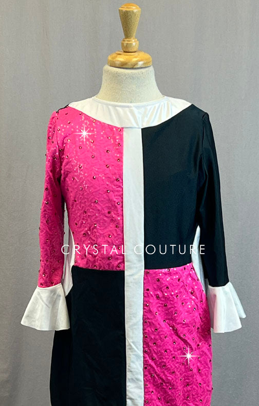 Black & Hot Pink Color Block Dress with White Flutter Cuff - Rhinestones