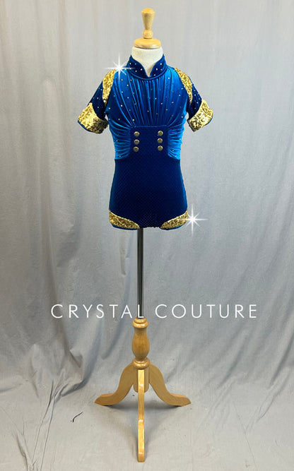 Blue Ruched Biketard with Gold Zsa Zsa Detailing - Rhinestones