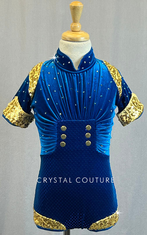 Blue Ruched Biketard with Gold Zsa Zsa Detailing - Rhinestones