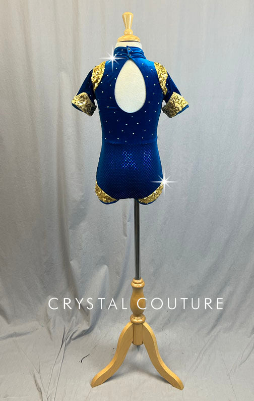 Blue Ruched Biketard with Gold Zsa Zsa Detailing - Rhinestones