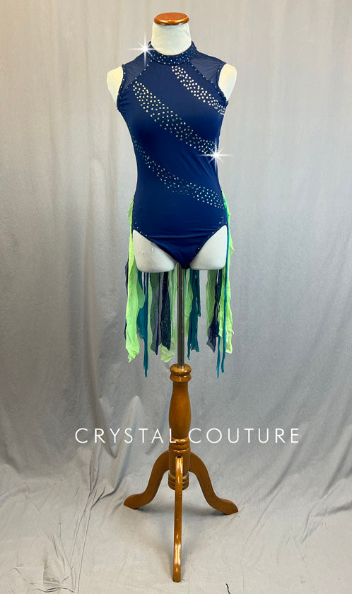 Navy Blue Mock Neck Leotard with Green Strip Back Skirt - Rhinestones