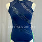 Navy Blue Mock Neck Leotard with Green Strip Back Skirt - Rhinestones