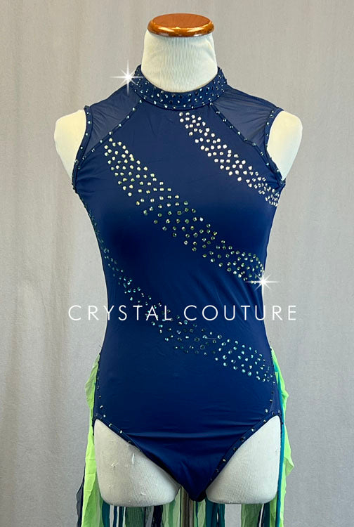 Navy Blue Mock Neck Leotard with Green Strip Back Skirt - Rhinestones