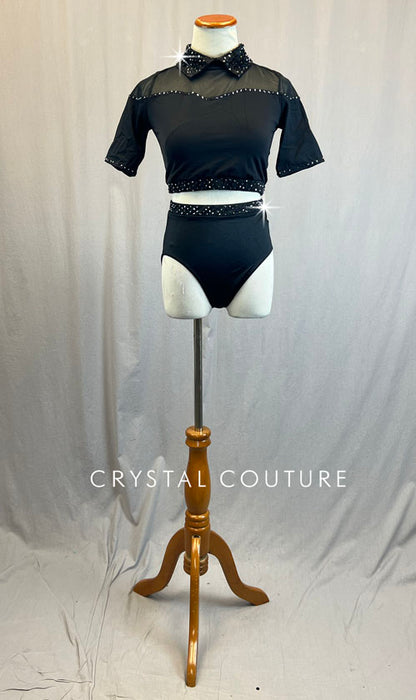 Black Collared Top and Trunks with Mesh Shoulders - Rhinestones