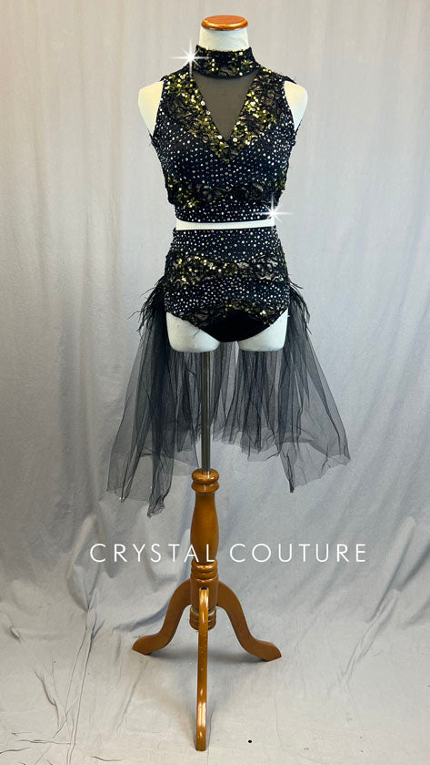 Black & Gold Sequin Two Piece with Tulle Back Skirt - Rhinestones