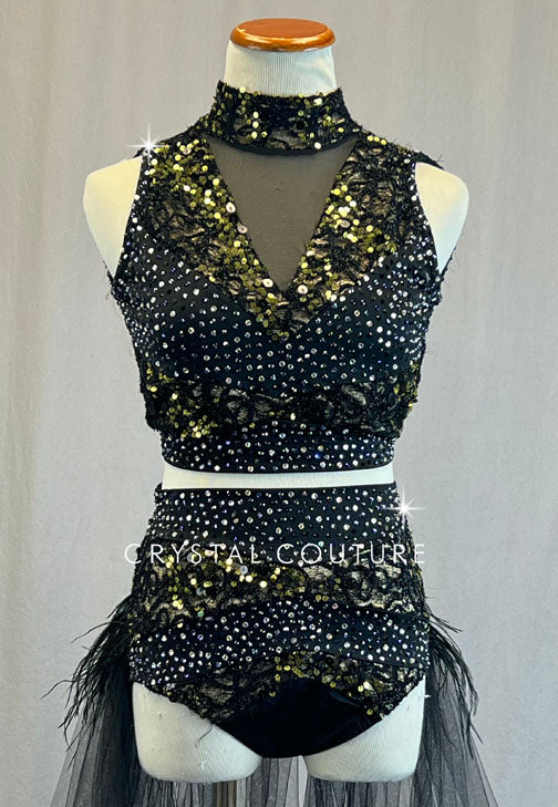 Black & Gold Sequin Two Piece with Tulle Back Skirt - Rhinestones