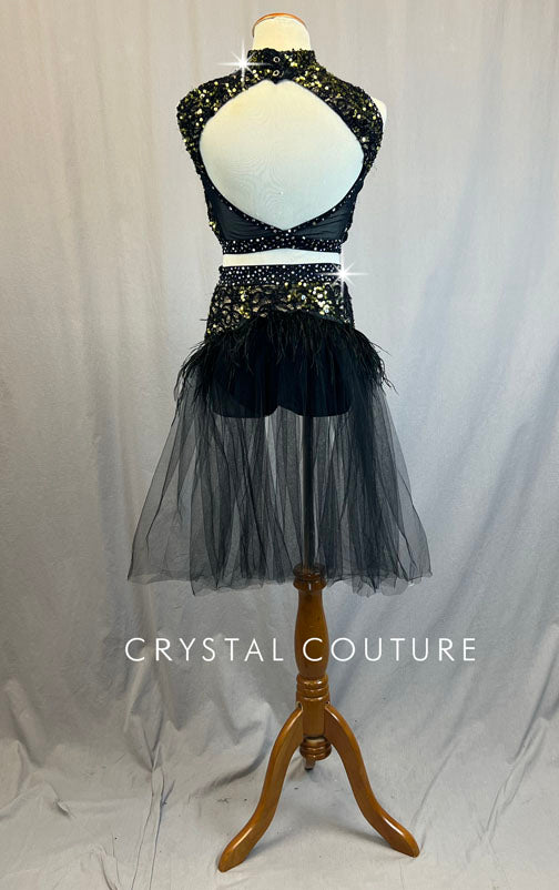 Black & Gold Sequin Two Piece with Tulle Back Skirt - Rhinestones