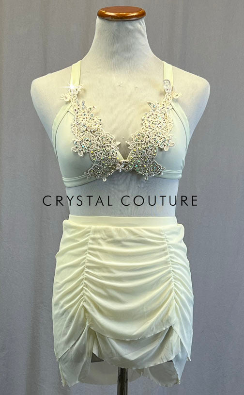 Brand New- Ivory Two Piece with Ruched Skirt and Appliques - Rhinestones