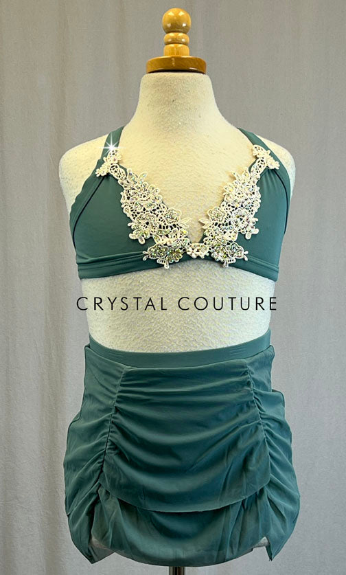 Brand New - Sage Green Two Piece with Ruched Skirt and Appliques - Rhinestones