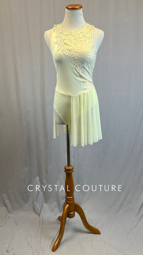 Ivory Lace and Lycra Leotard with Mesh Half-Skirt - Rhinestones
