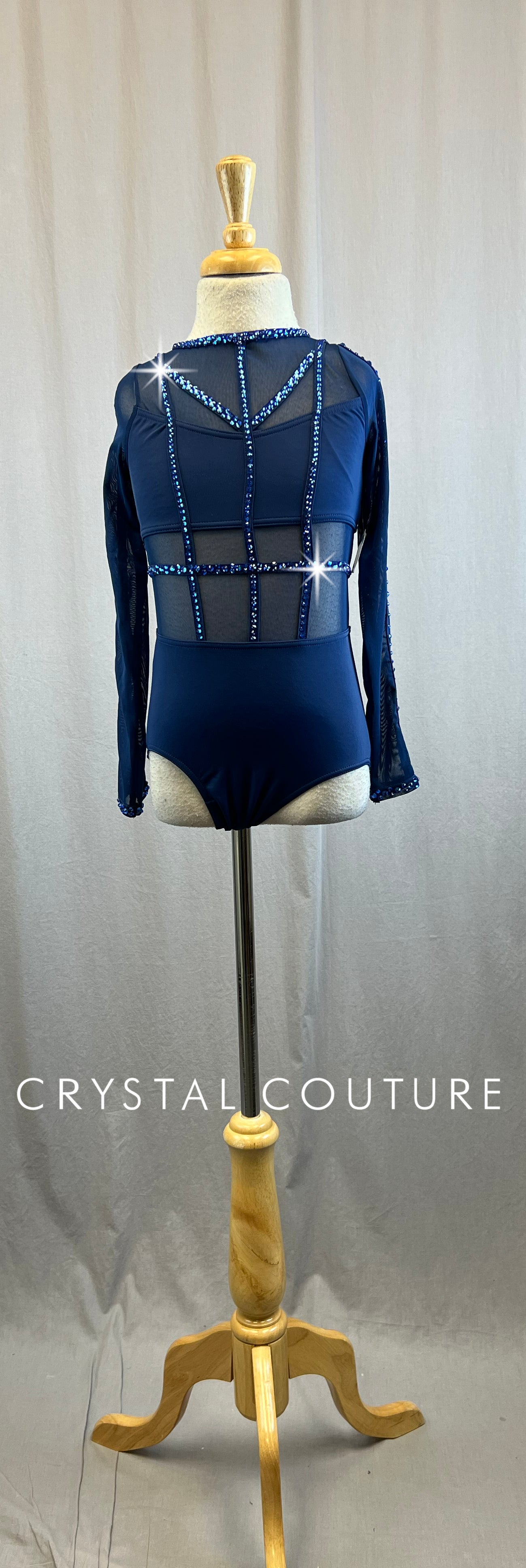 Navy Long Sleeve Mesh Cage Leotard - Rhinestones