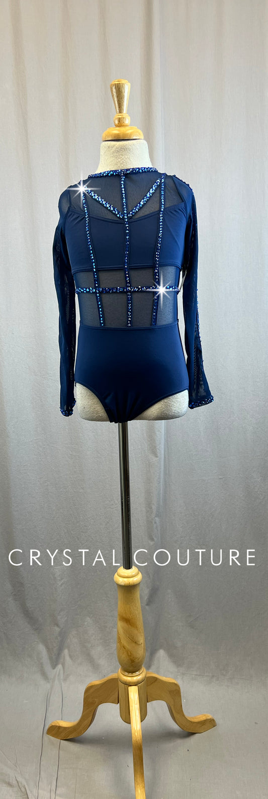 Navy Long Sleeve Mesh Cage Leotard - Rhinestones