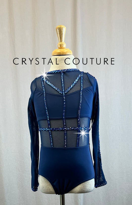 Navy Long Sleeve Mesh Cage Leotard - Rhinestones