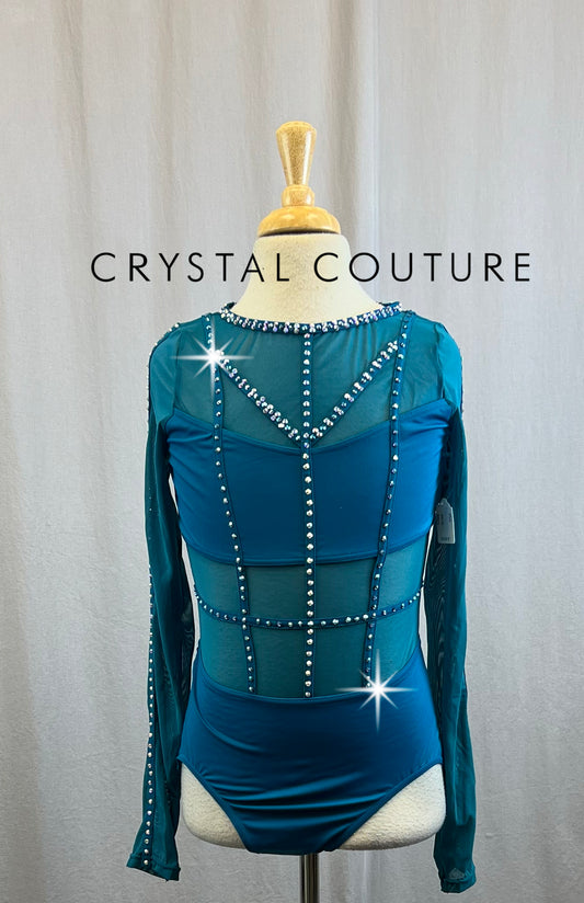 Deep Teal Long Sleeve Mesh Cage Leotard - Rhinestones