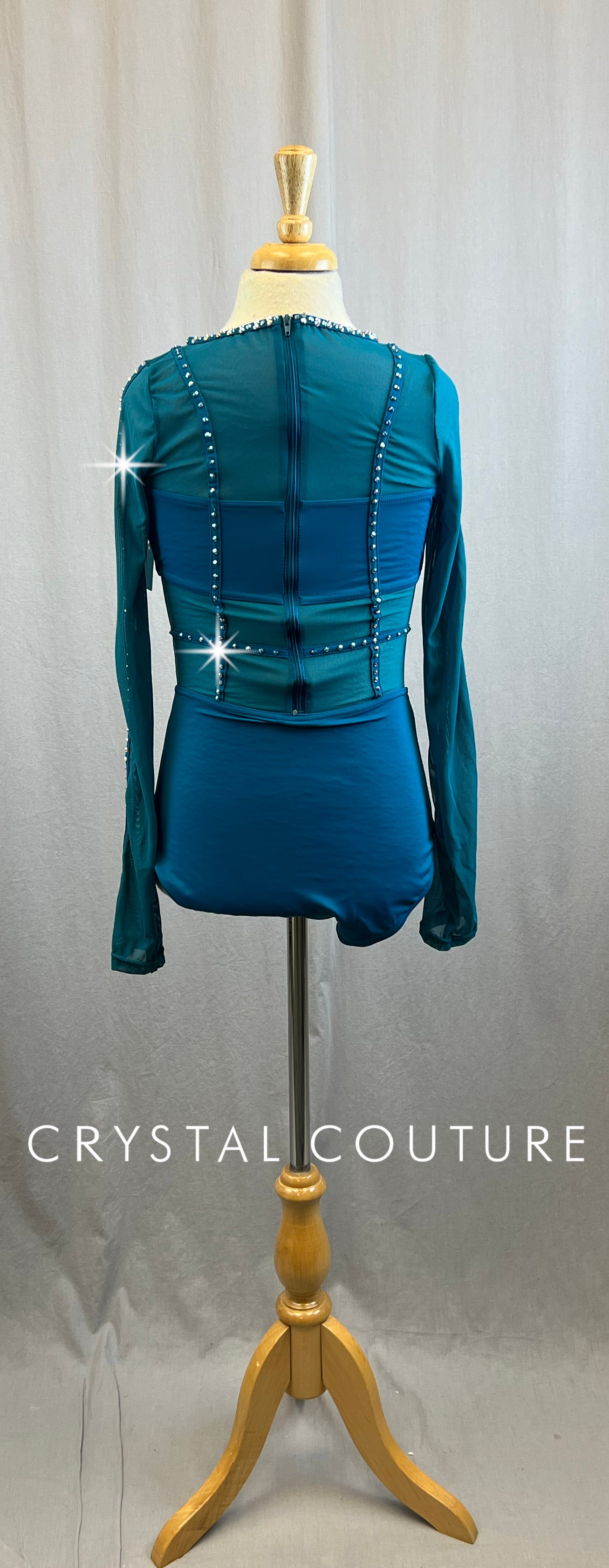 Deep Teal Long Sleeve Mesh Cage Leotard - Rhinestones
