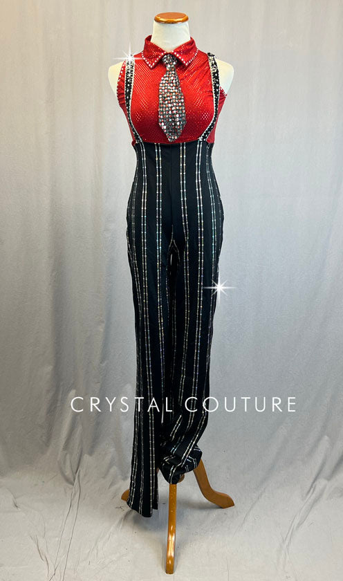 Red Collared Top with Connected Black Pinstripe Pants and Suspenders - Rhinestones