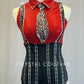 Red Collared Top with Connected Black Pinstripe Pants and Suspenders - Rhinestones