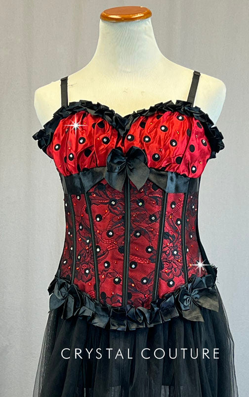 Red Polka Dot Corset with Black High Low Tulle Skirt - Rhinestones