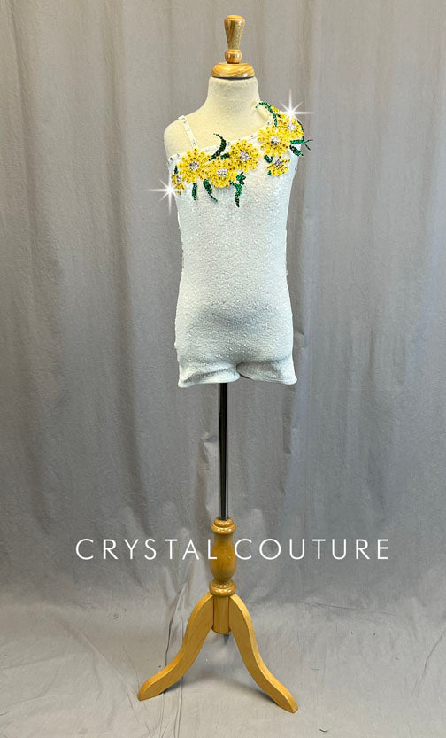 Solid White Sequin Unitard with Rhinestoned Yellow Daisy Appliques