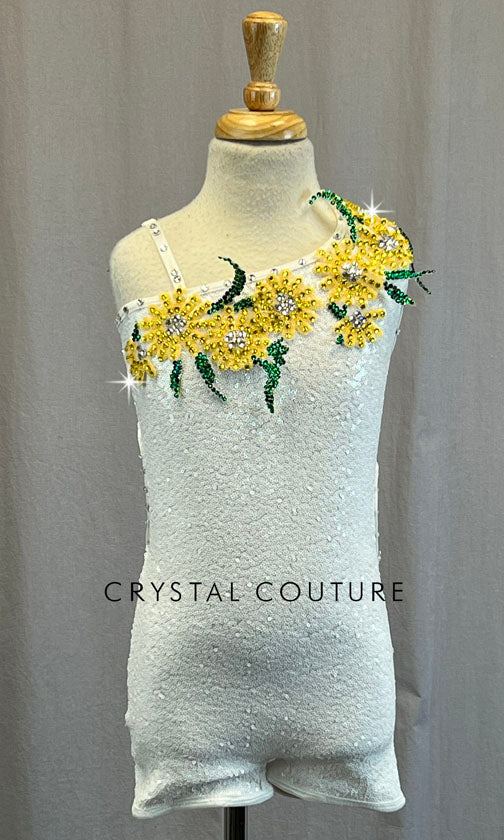 Solid White Sequin Unitard with Rhinestoned Yellow Daisy Appliques