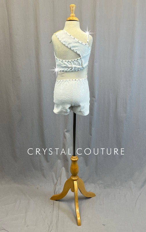 Solid White Sequin Unitard with Rhinestoned Yellow Daisy Appliques