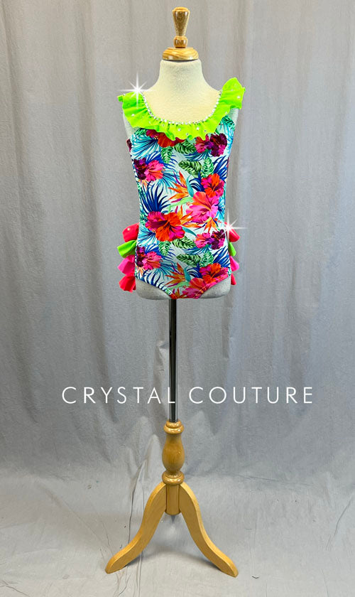 Tropical Floral Leotard with Neon Pink, Orange and Green Ruffles