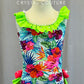 Tropical Floral Leotard with Neon Pink, Orange and Green Ruffles