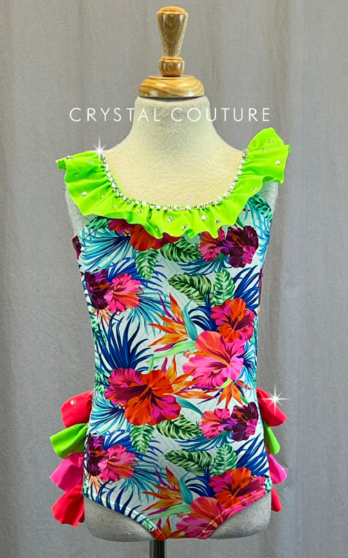 Tropical Floral Leotard with Neon Pink, Orange and Green Ruffles