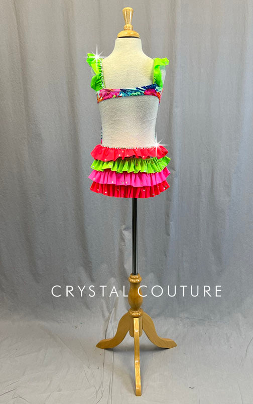 Tropical Floral Leotard with Neon Pink, Orange and Green Ruffles