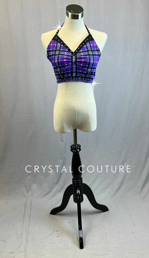 Custom Purple Plaid Halter Top with Tie Back - Rhinestones