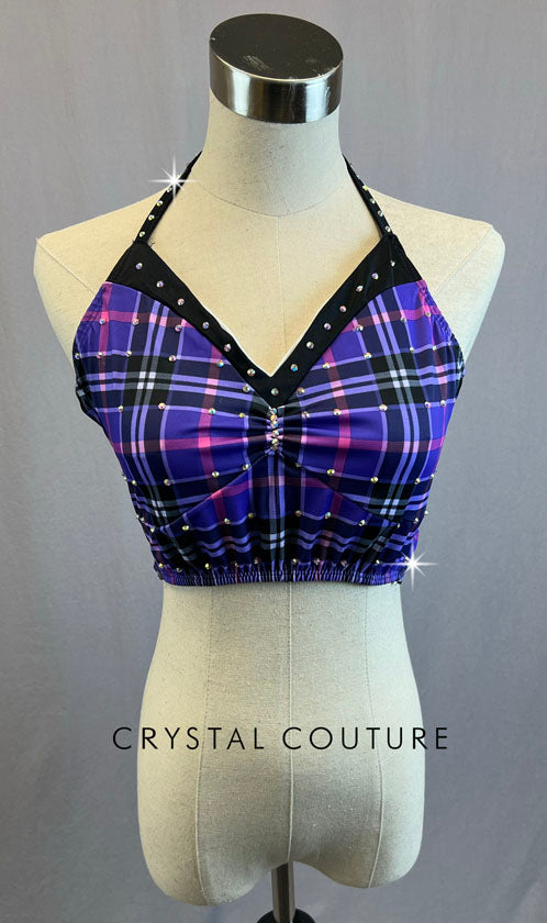 Custom Purple Plaid Halter Top with Tie Back - Rhinestones